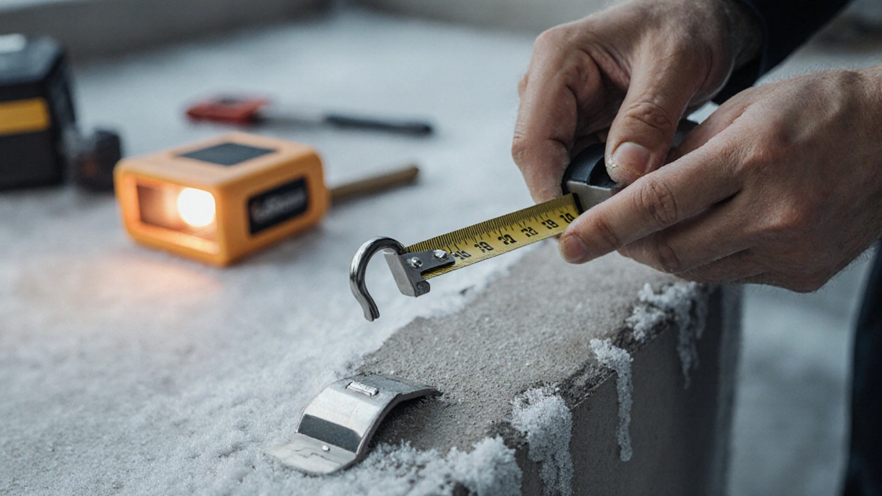 Деталь рулетки с металлическим крючком, точно прижатым к краю бетона.