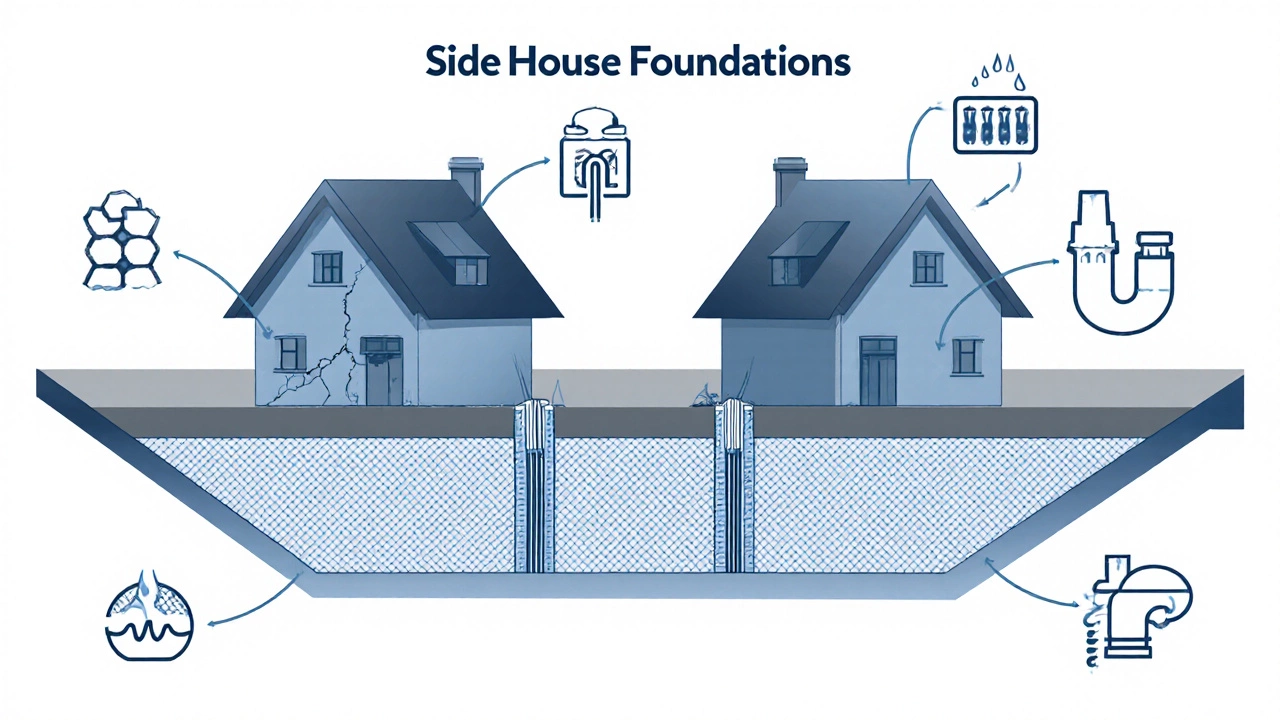 Два фундамента рядом: один с трещинами от пучения, другой стабильный, с обозначениями грунтовых вод и дренажа.