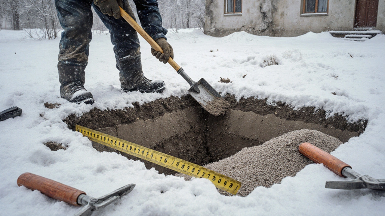 Рабочий копает шурф в снегу, показывая слои глины и песка, измеряя глубину 2,1 метра для фундамента.