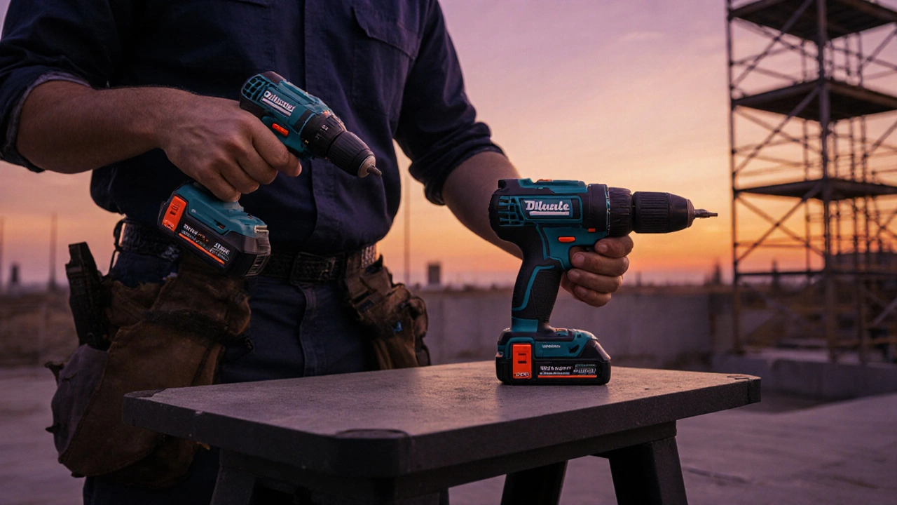 Работник выбирает аккумулятор, стоя в строительной среде.