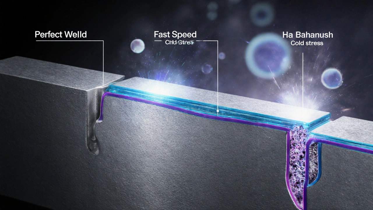 Разрез сварного соединения: идеальный шов рядом с дефектами из-за влаги, быстрой сварки и холода.