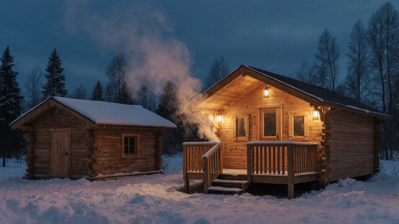 Сауна и баня на снегу с паром, рядом — хозблок с подвалом и уютным светом.