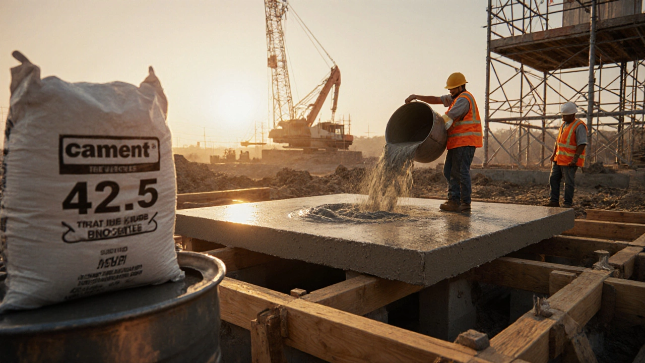 Строители заливают бетонную плиту, рядом лежит мешок цемента 42,5.