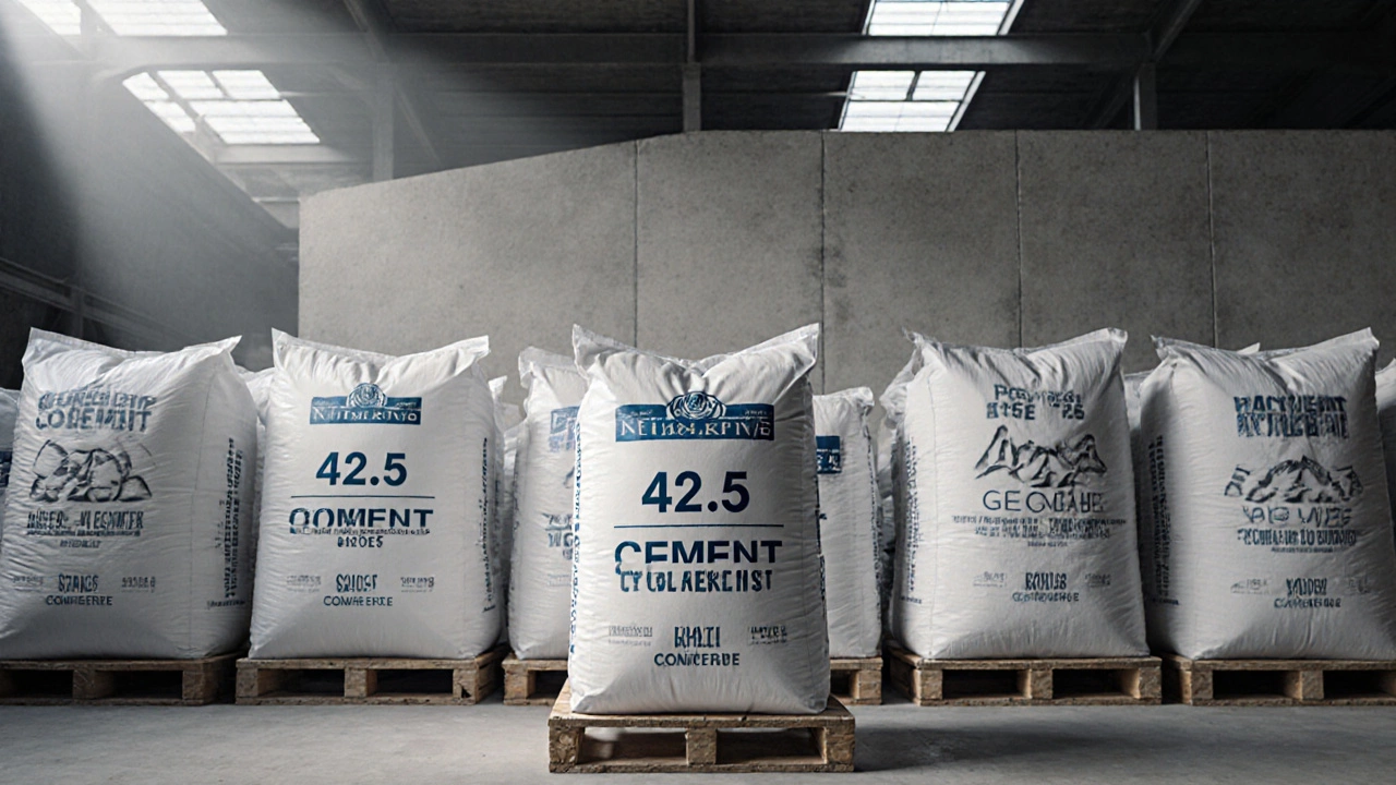 Сухой склад с рядами мешков цемента, центральный мешок марки 42,5.