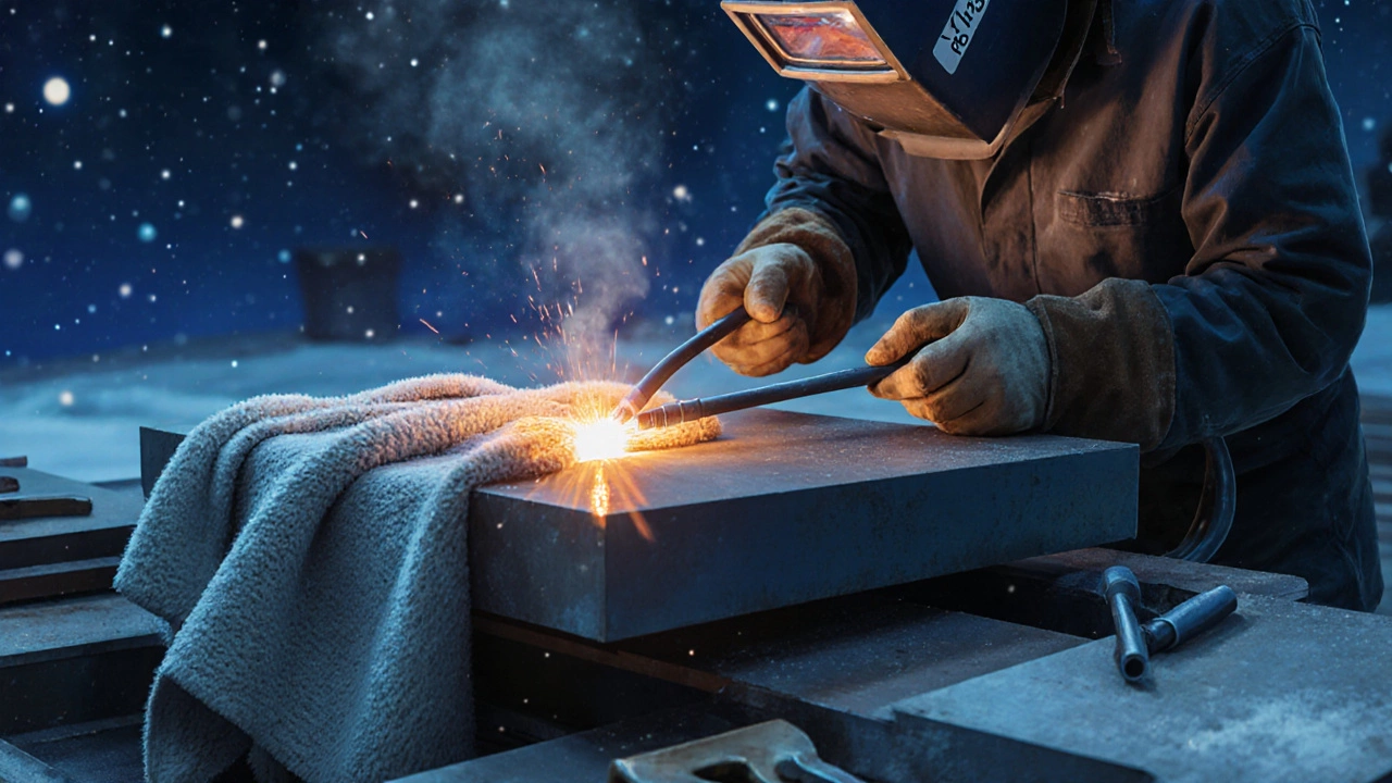 Сварщик аккуратно варит сталь электродом УОНИ-13/55, шов покрыт асбестовым полотном, зимний фон.