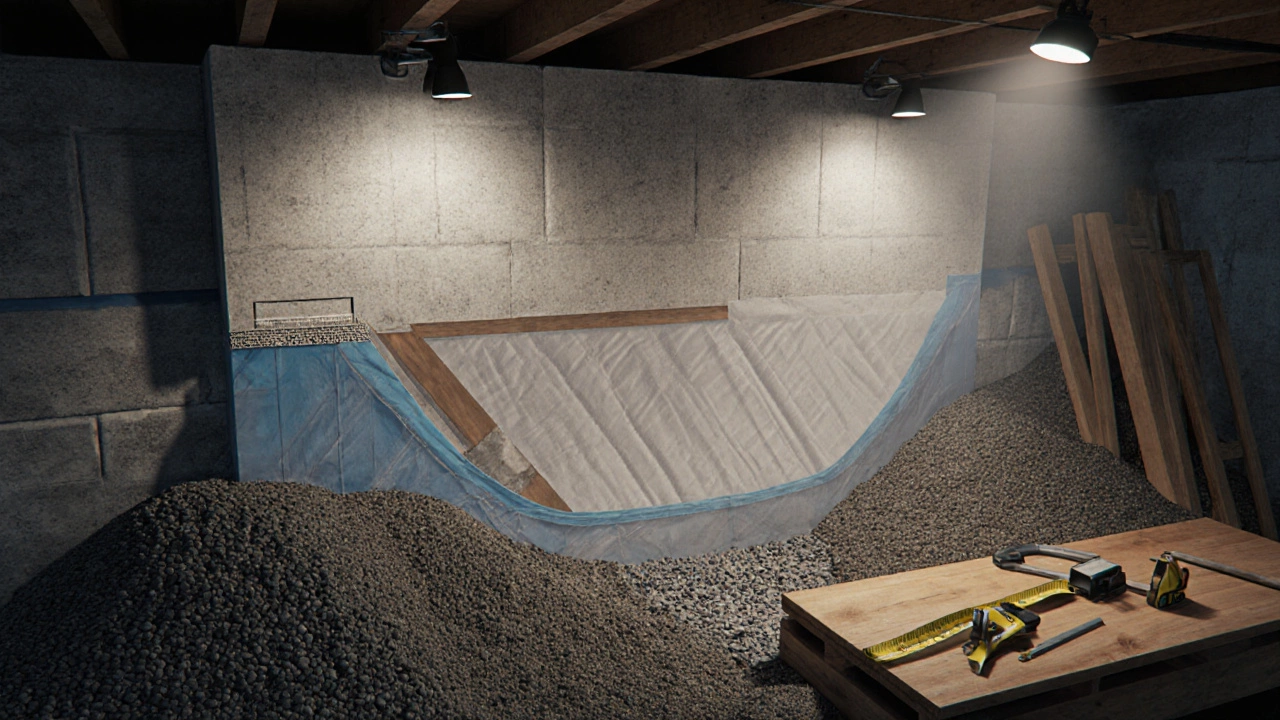 Цокольный этаж с внутренней гидроизоляцией и дренажом снаружи.