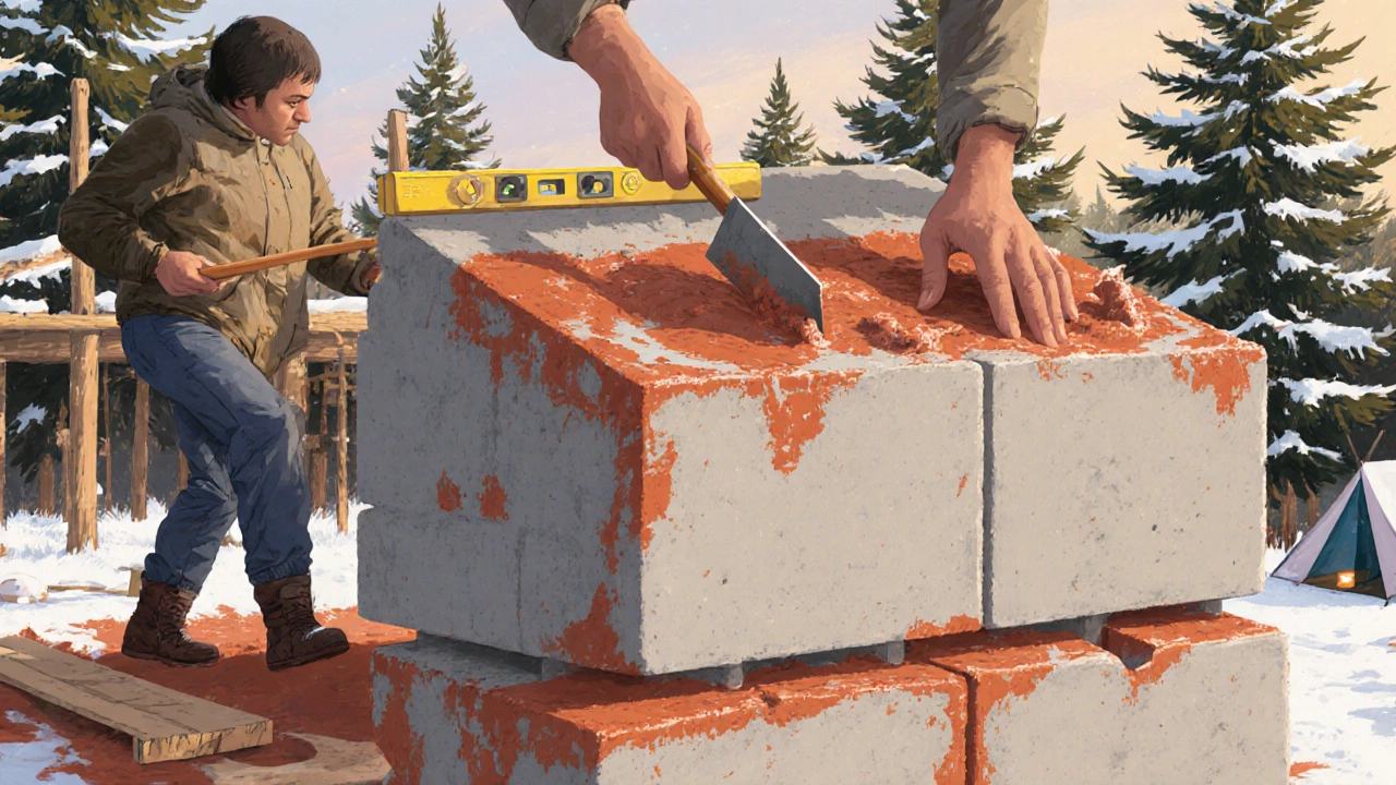 Двое строят дом из пеноблоков, кладут блоки и раствор в осеннюю погоду.