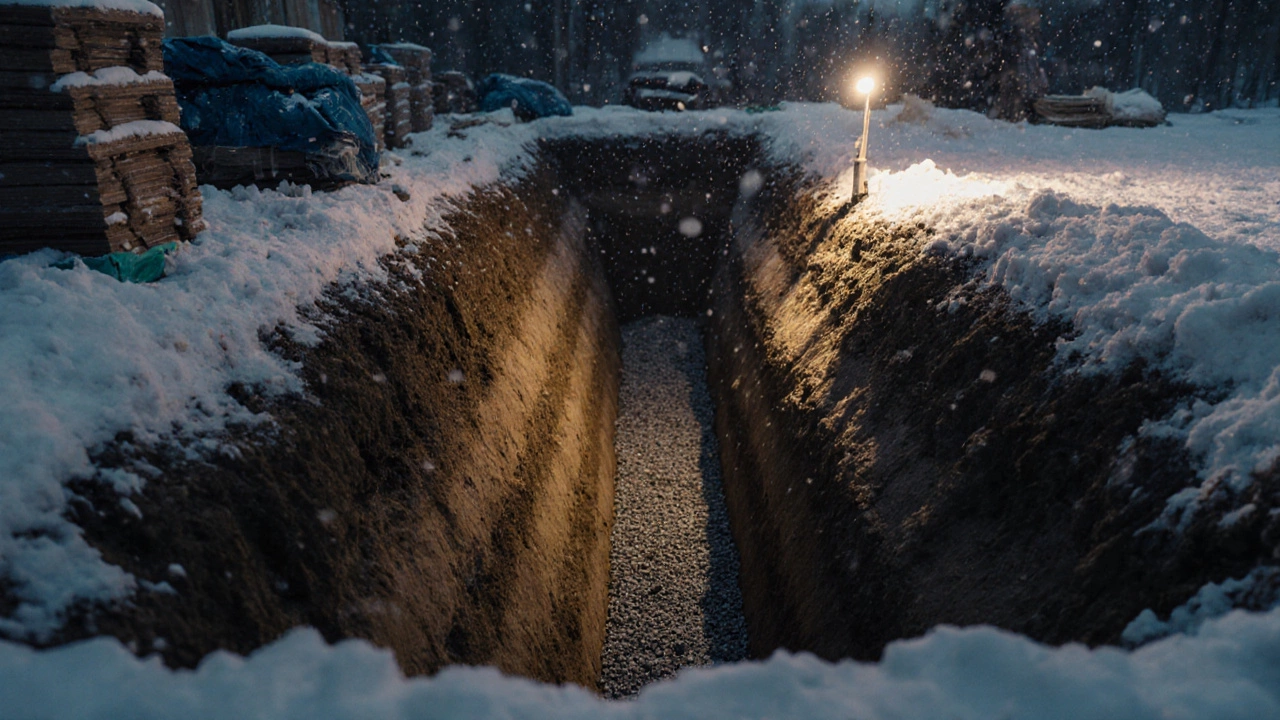 Глубокая траншея под фундамент вырыта до уровня промерзания грунта в зимних условиях.