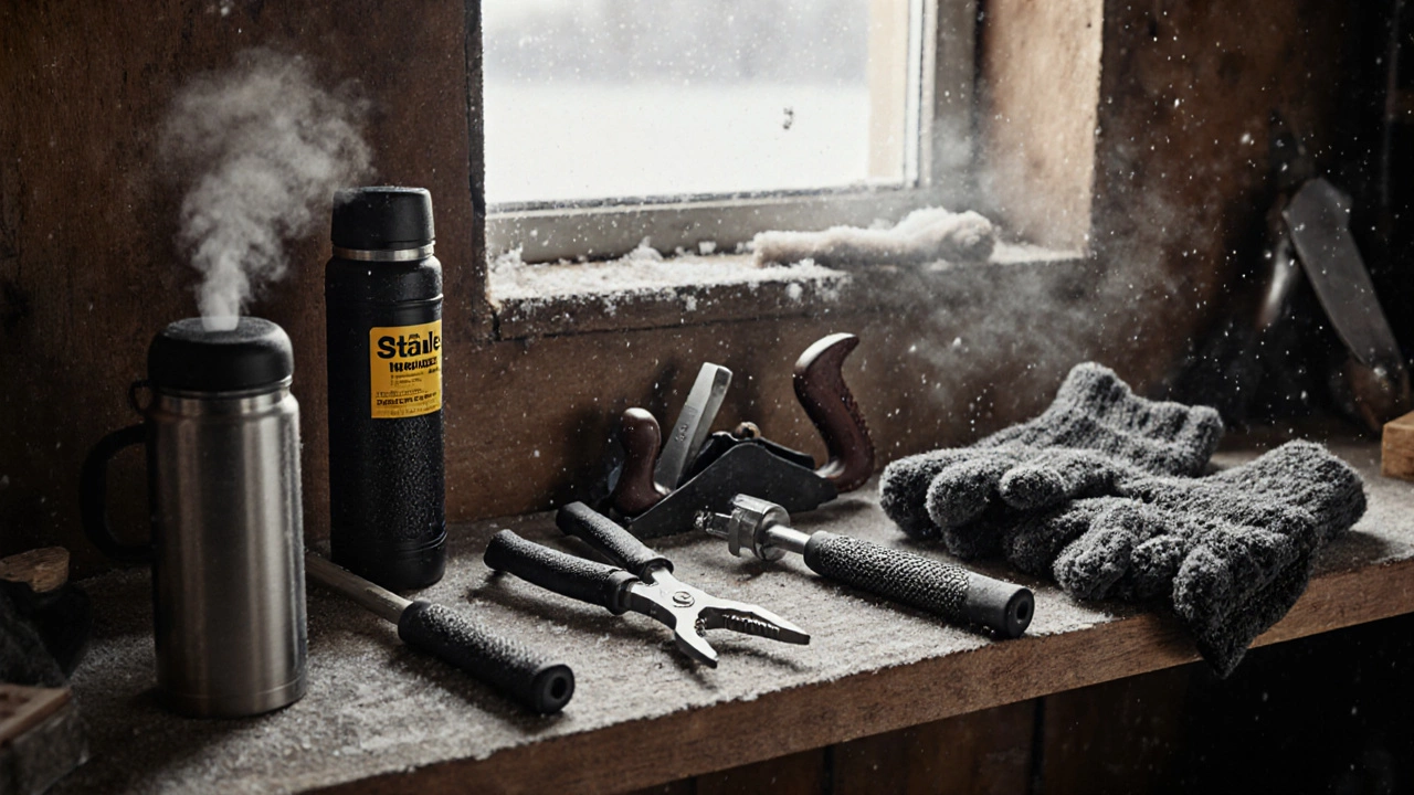 Инструменты на полке в сибирском хранилище: молоток, отвертки, плоскогубцы под тонким слоем конденсата.