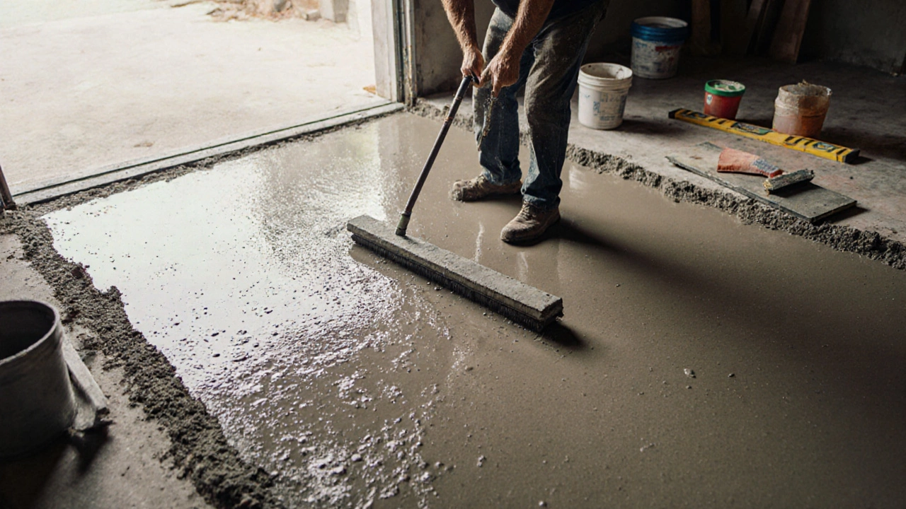 Рабочий использует ручную гладилку для выравнивания бетона в гараже.