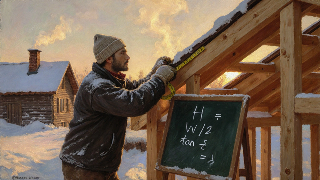 Работник измеряет высоту стропильной системы на стройке в снежной Сибири при закате.