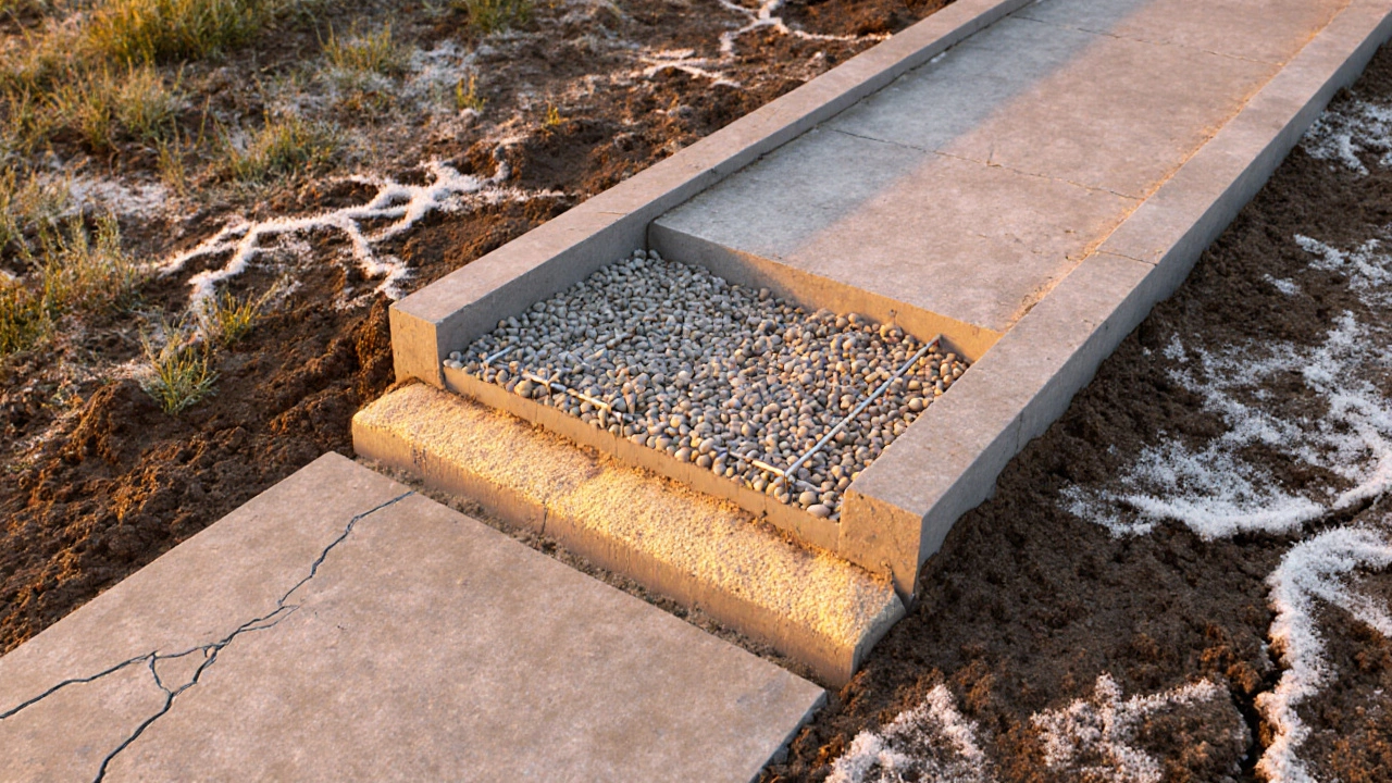 Разрез бетонной дорожки с арматурной сеткой, слоями щебня и песка, на фоне морозных трещин в земле.