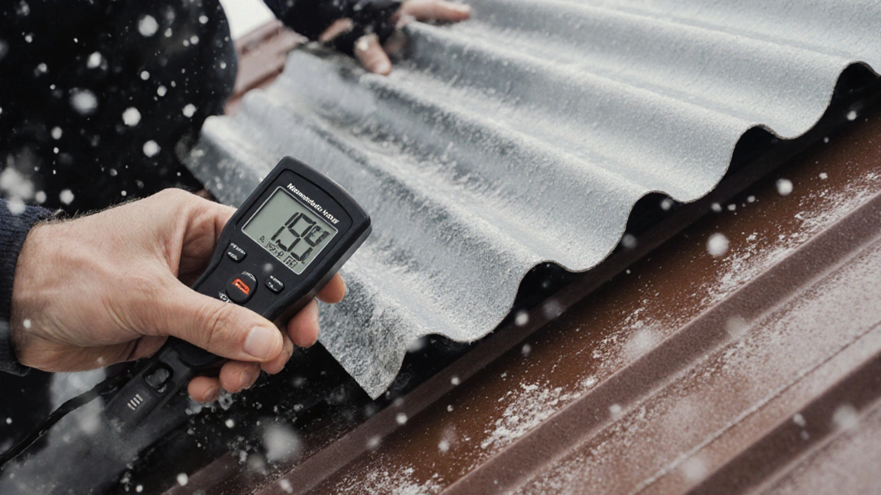 Рука измеряет толщину металлического листа с помощью магнитного толщиномера