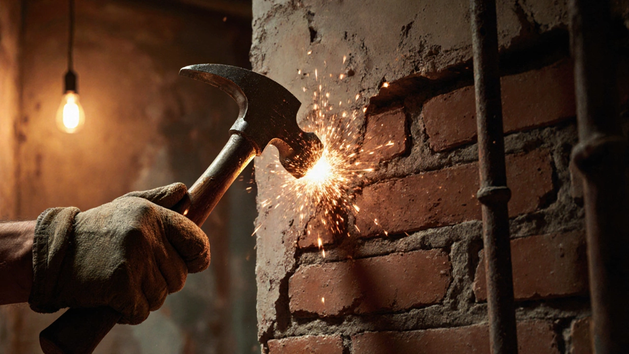 Рука с молотком и зубилом бьёт по кирпичной стене, видны искры и осколки штукатурки.