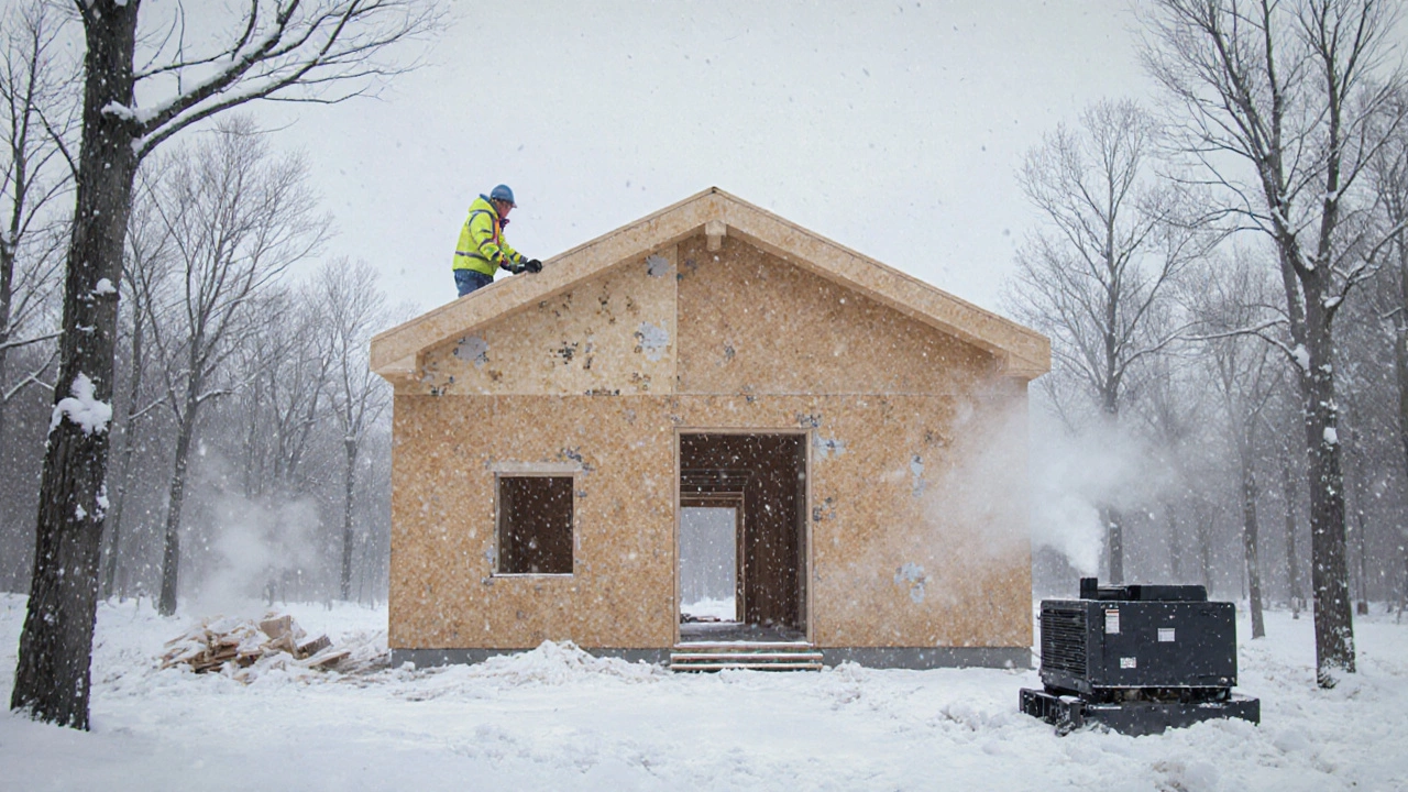 Сборка дома из SIP-панелей на снежном участке, панели соединяются как конструктор.