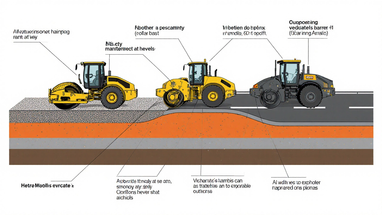 Схематичный разрез дороги с этапами строительства: грейдер, катки и укладчик, показывающие слои основания и покрытия.