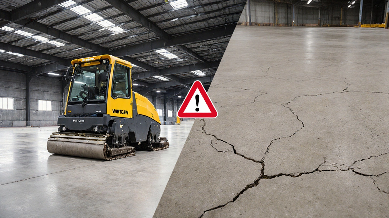 Сравнение идеально ровного бетона, выровненного машиной, и неровного, выровненного вручную.