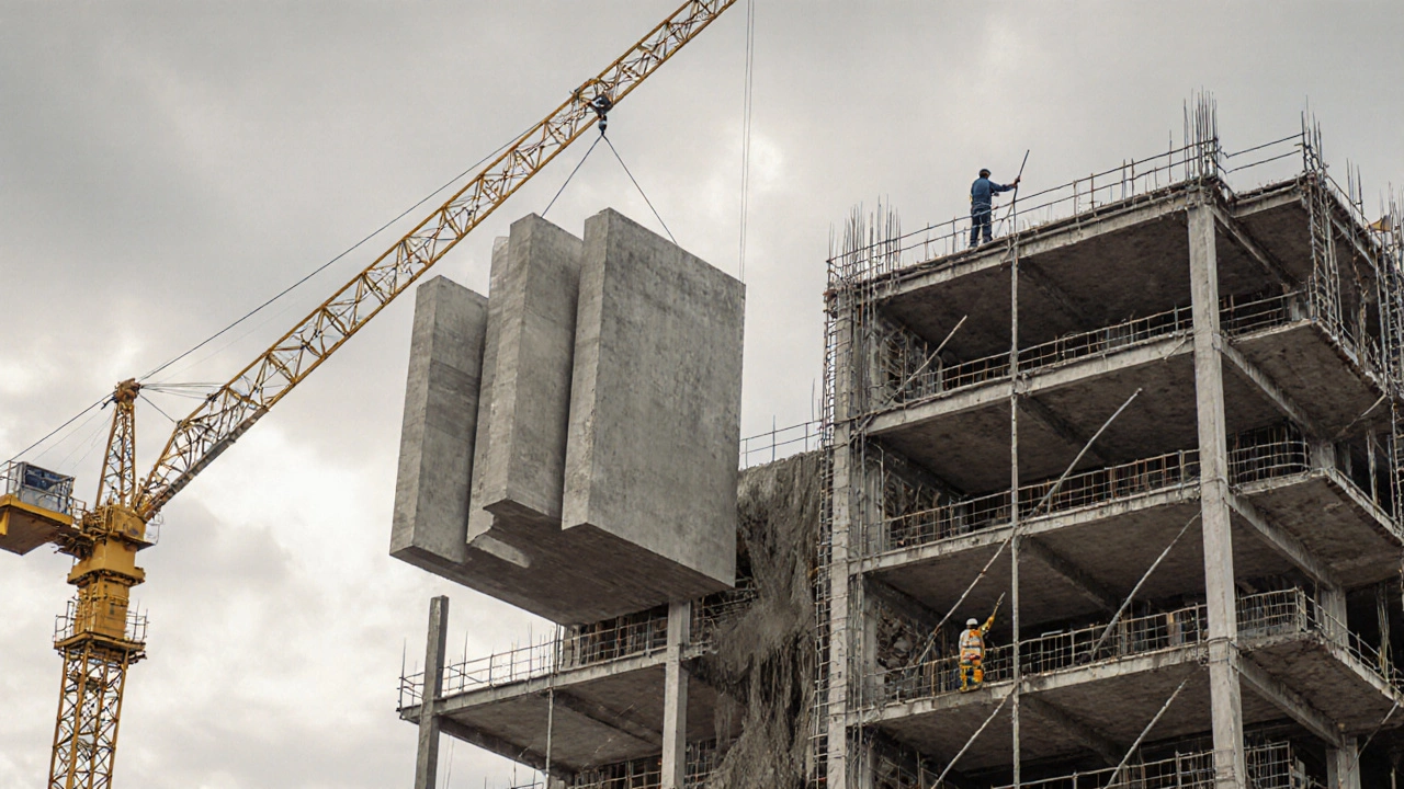 Строительство монолитного и панельного домов одновременно с кранами и бетоном.