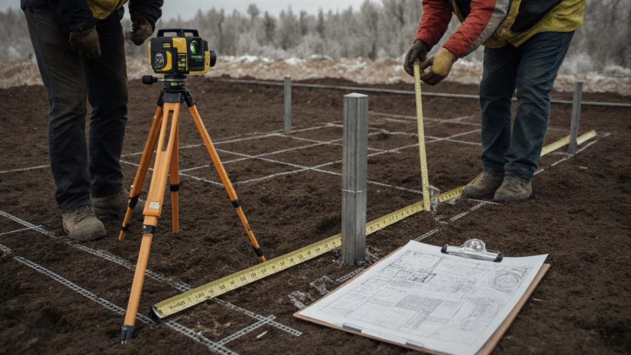 Строители точно размечают контуры фундамента с помощью лазерного нивелира.