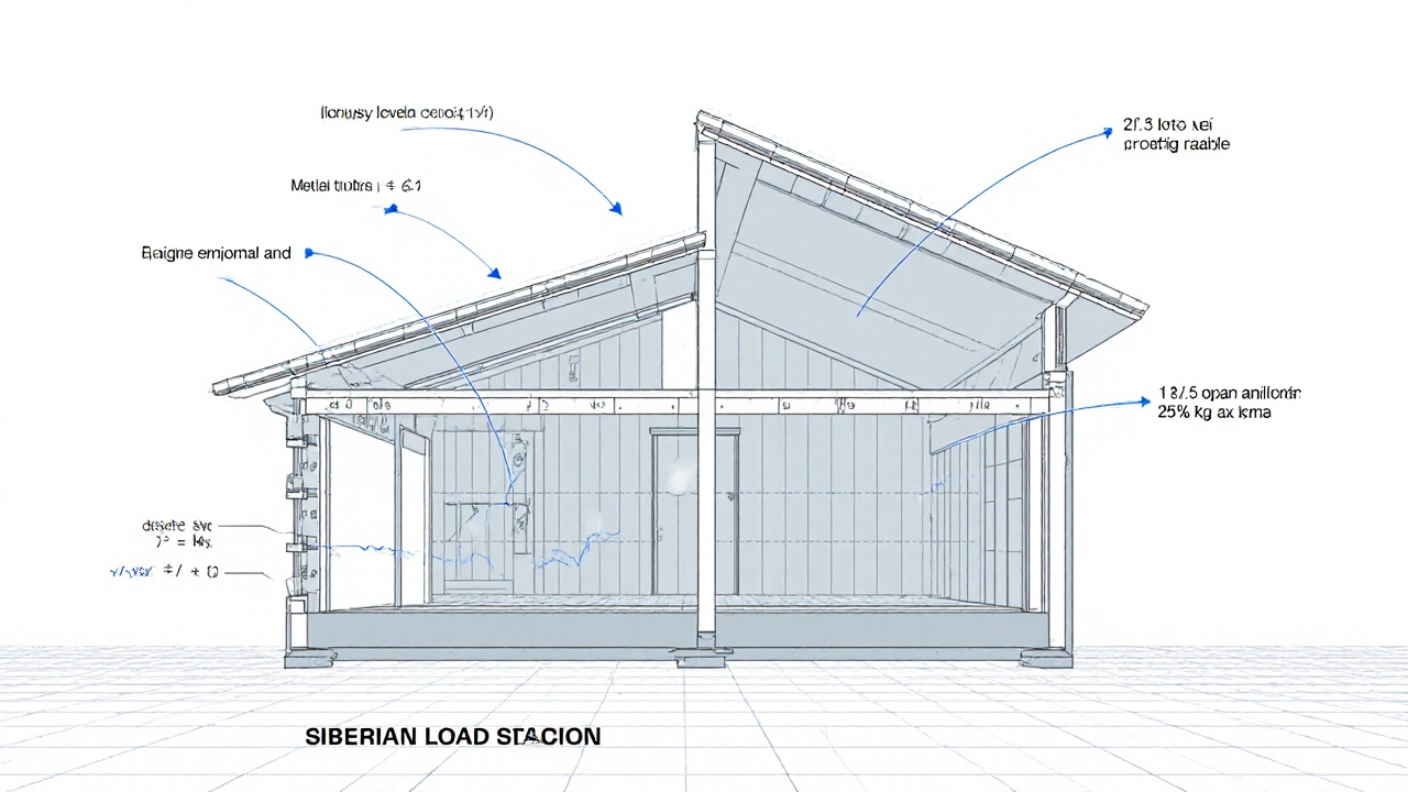 Технический чертёж поперечного сечения дома с расчётами высоты конька и снеговой нагрузкой.