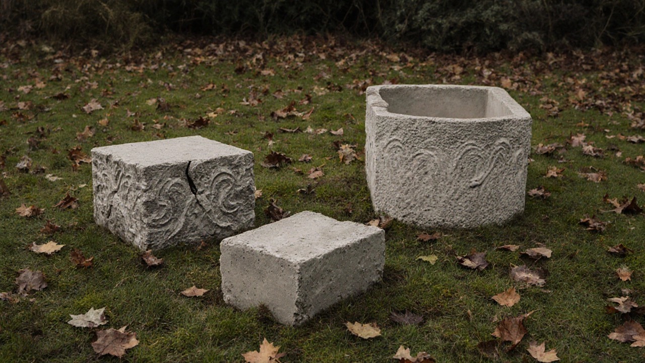 Три изделия из бетона: бордюр, ступенька и горшок, стоят на траве, одно треснуло, другие целы.