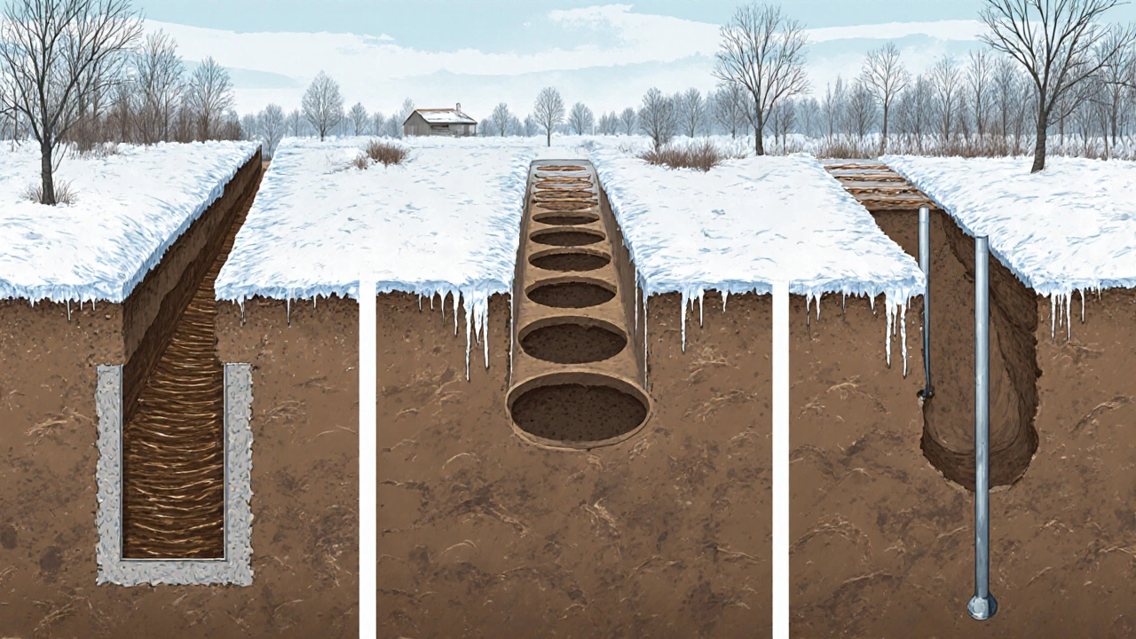 Три типа котлованов: ленточный, плитный и столбчатый, на фоне снежного пейзажа