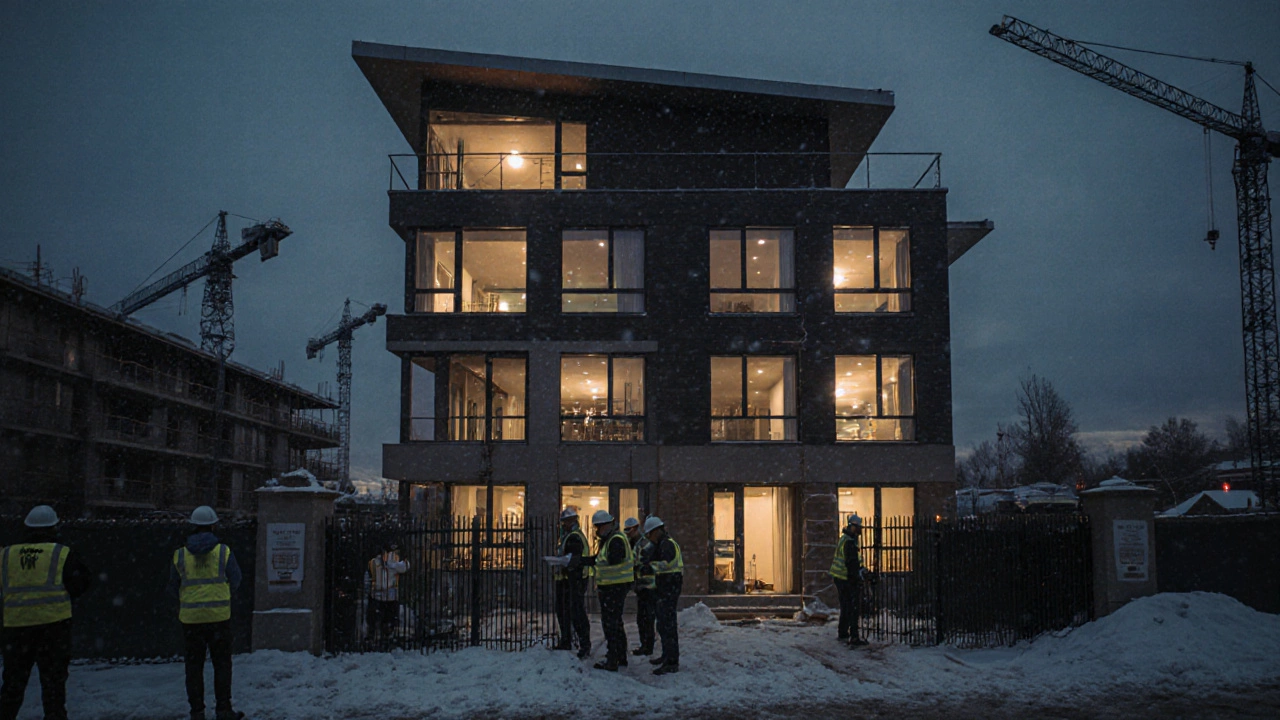 Завершённый жилой дом с подсветкой окон и рабочими на крыше вечером.