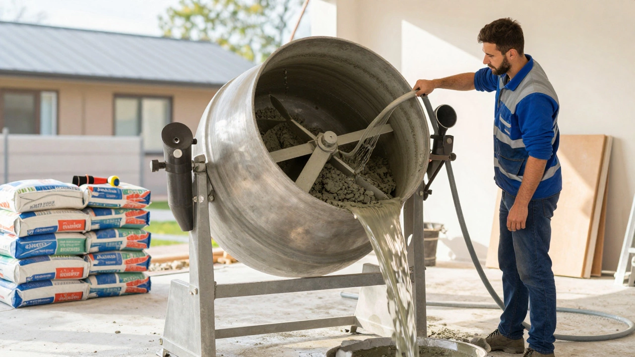 Бетономешалка в работе: барабан вращается, смесь однородная, оператор в защитной экипировке.