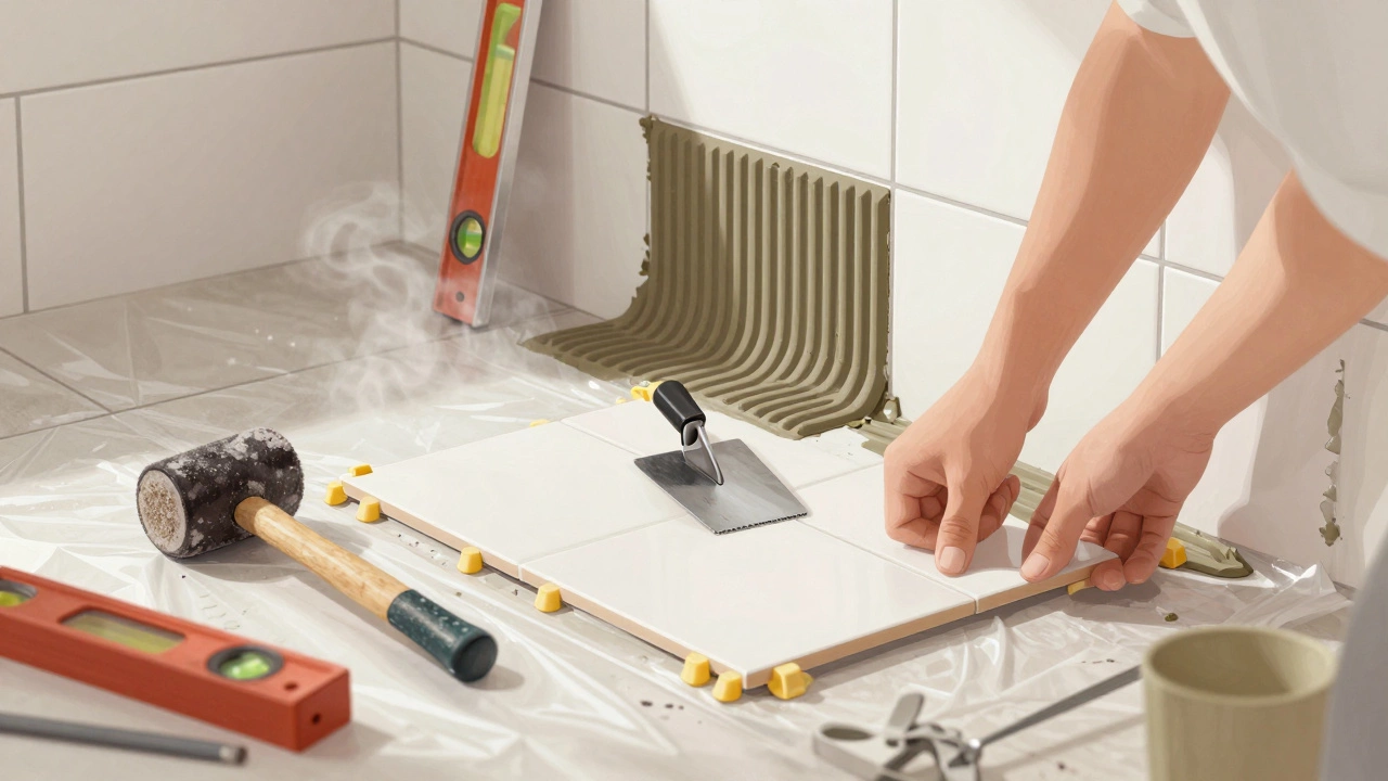 Человек кладет плитку в ванной, используя зубчатый шпатель и резиновый молоток, с крестиками между плитками.