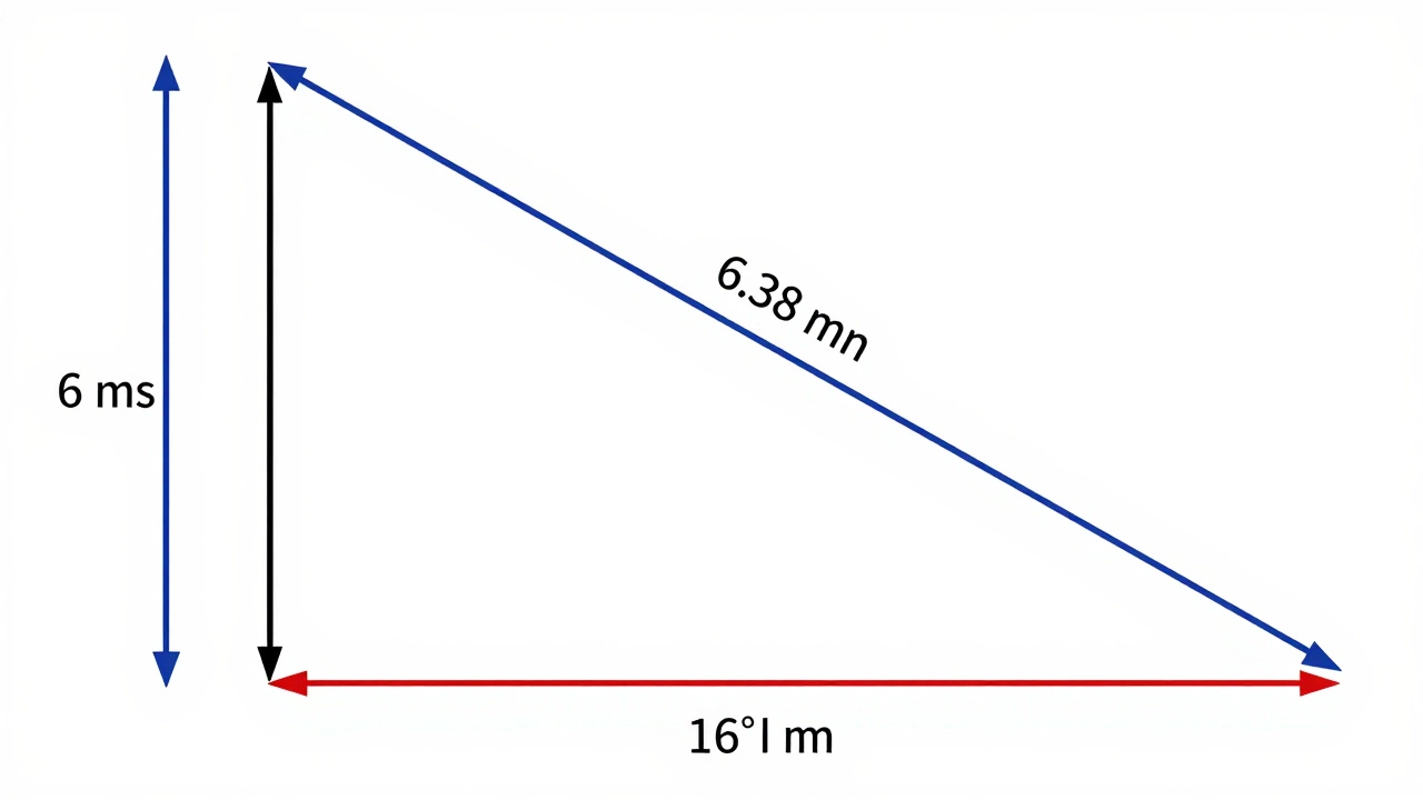 Геометрическая схема расчета длины ската крыши: прямоугольный треугольник с катетом 6 м и гипотенузой 6,38 м при угле 20°.