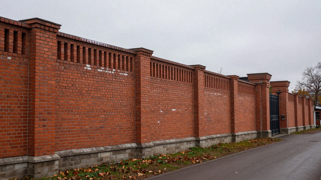 Кирпичный забор с вентиляционными зазорами и прочным фундаментом в пригороде Москвы.
