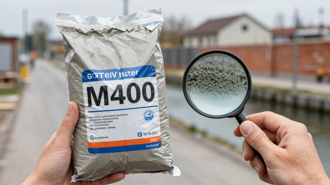 Мешок цемента М400 с маркировкой ГОСТ и детализацией структуры частиц.