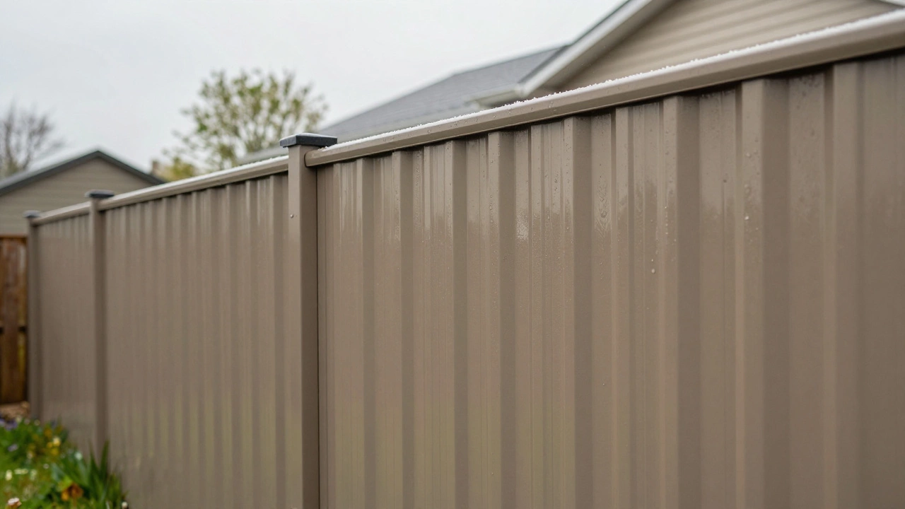 Профнастил с имитацией дерева под дождем на фоне частного дома.