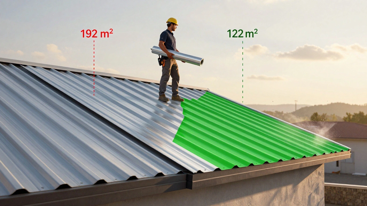 Рабочий укладывает профнастил на односкатную крышу, видны нахлесты листов и свесы, рядом визуальное сравнение заниженной и реальной площади кровли.