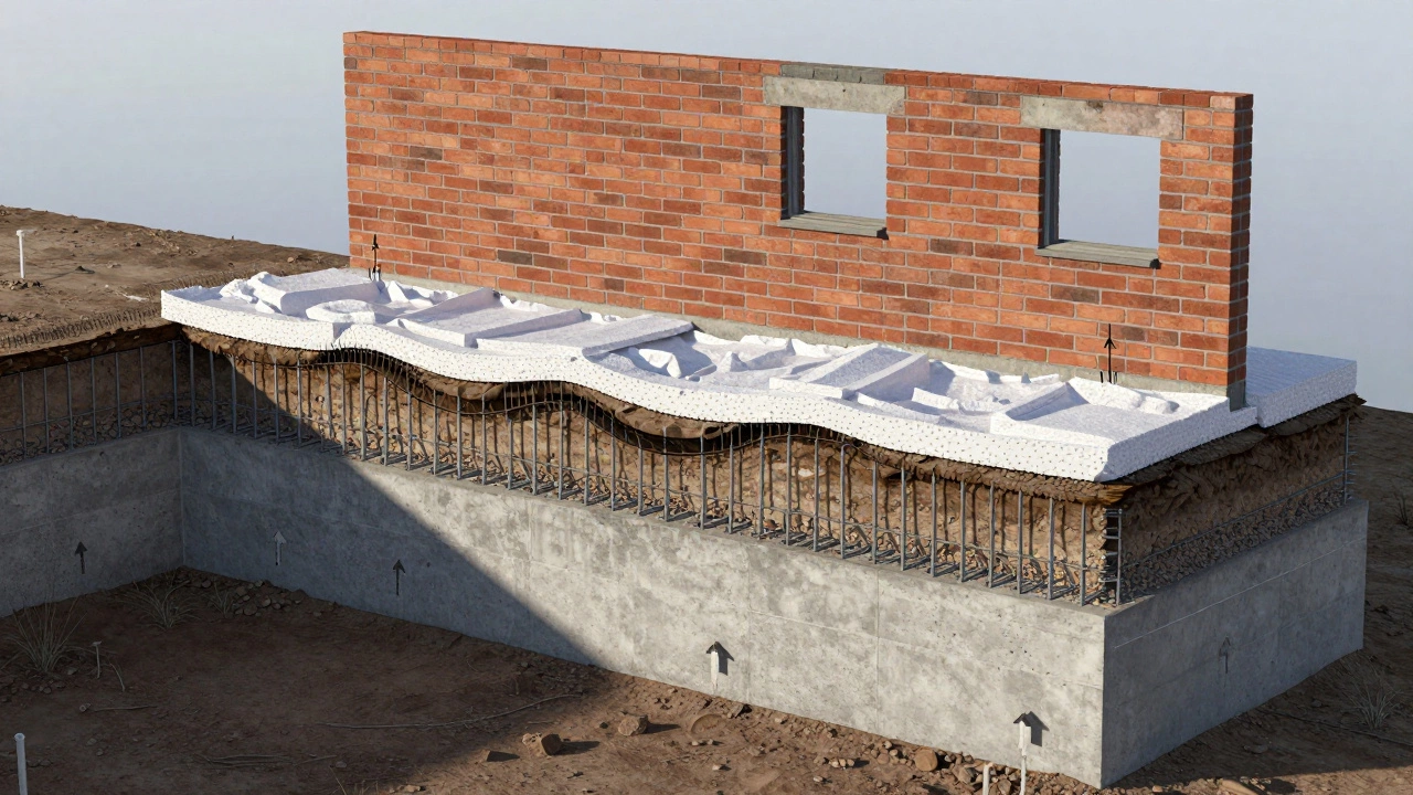 Разрез фундамента с армированием, подушкой из песка и утеплителем под уровнем промерзания грунта.