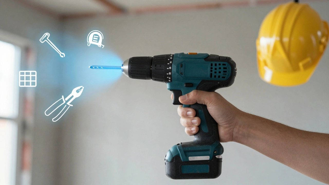 Рука держит аккумуляторную дрель, вокруг которой парят символы других инструментов для ремонта.