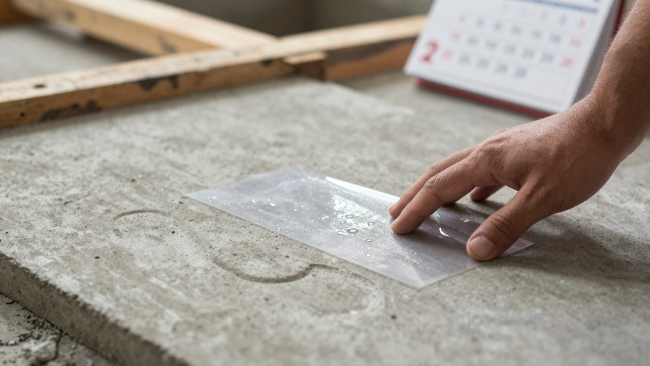 Рука оставляет след на бетоне, а под пленкой образуется конденсат — признак остаточной влаги.