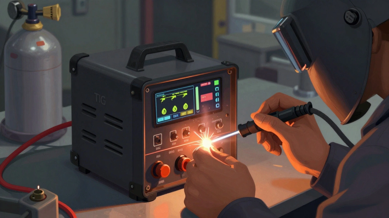 Руки сварщика настраивают инверторный аппарат, рядом — электроды и баллон с аргоном, виден идеальный шов.