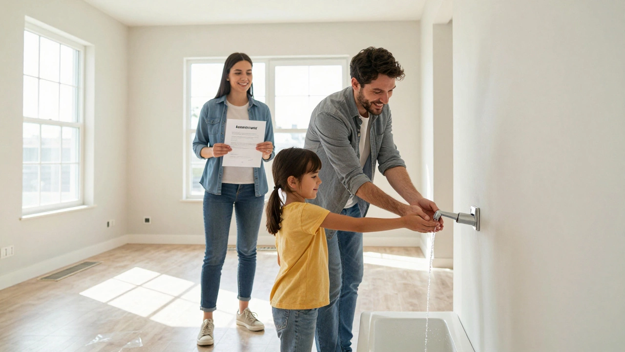 Семья принимает дом, вода течёт из крана, а официант вручает акт сдачи в эксплуатацию.