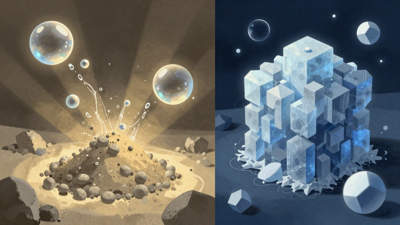 Схематичное изображение процесса гидратации цемента: молекулы воды проникают в частицы цемента и образуют кристаллы.