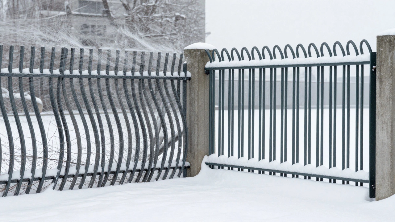 Сравнение: гнущийся забор из круглых труб и устойчивый из квадратных под сильным ветром.