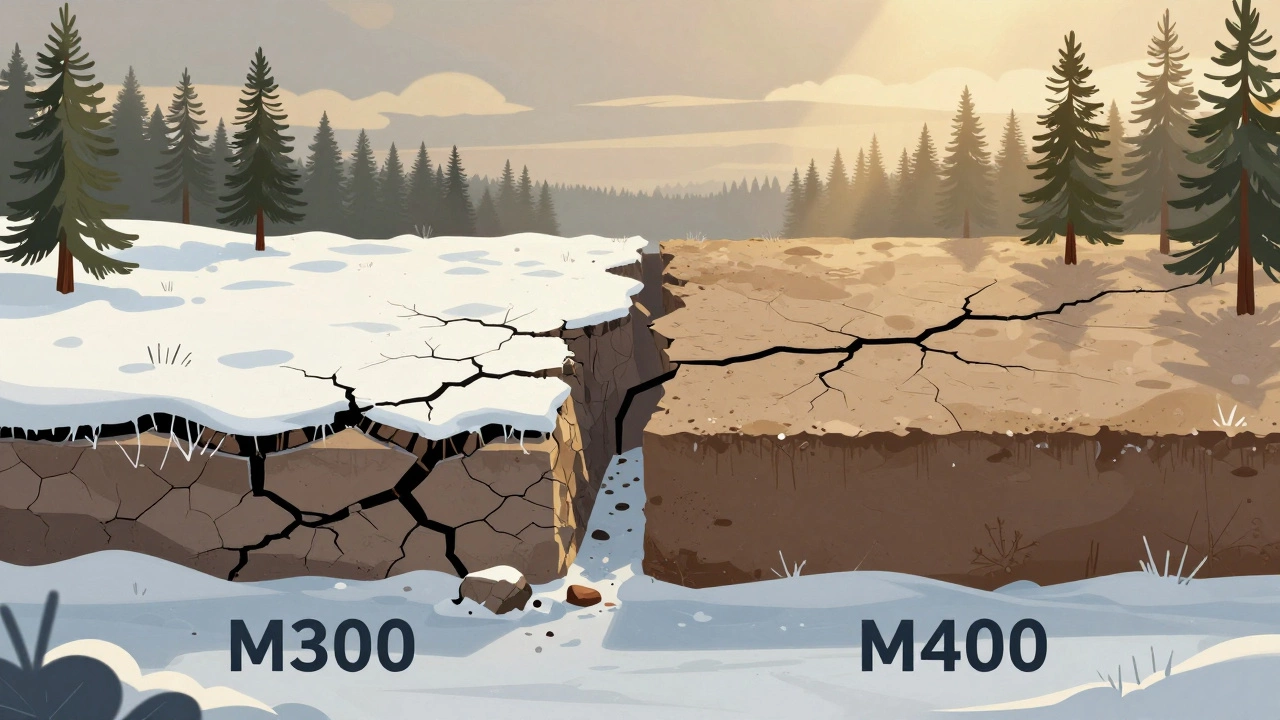 Сравнение разрушающегося фундамента М300 и прочного фундамента М400 под снегом.