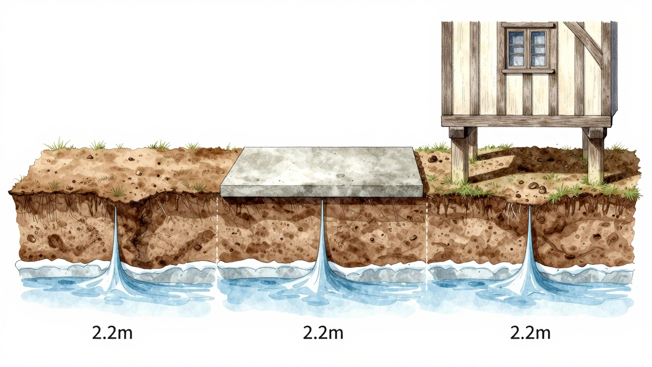 Сравнение трех типов фундаментов: ленточный, плита и столбчатый с ростверком, показанные в разрезе с грунтом и линией промерзания.