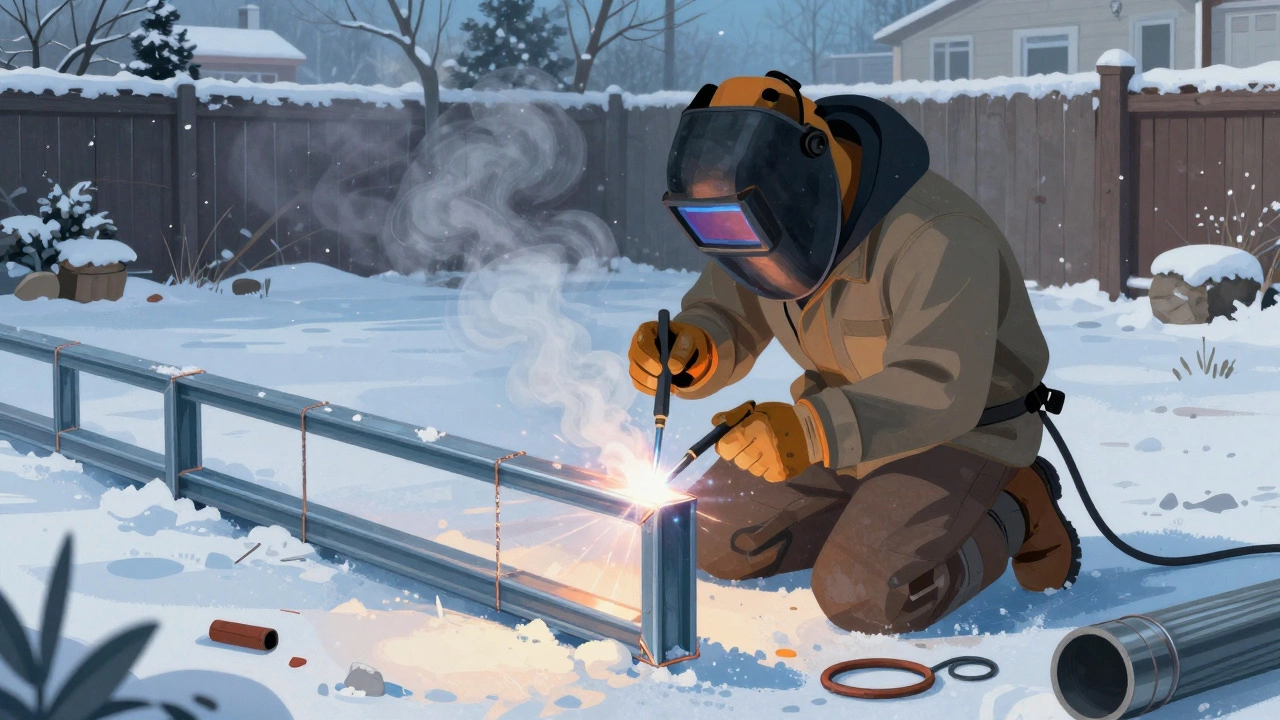 Сварщик в снегу соединяет квадратные трубы для забора, рядом лежит ненужная круглая труба.