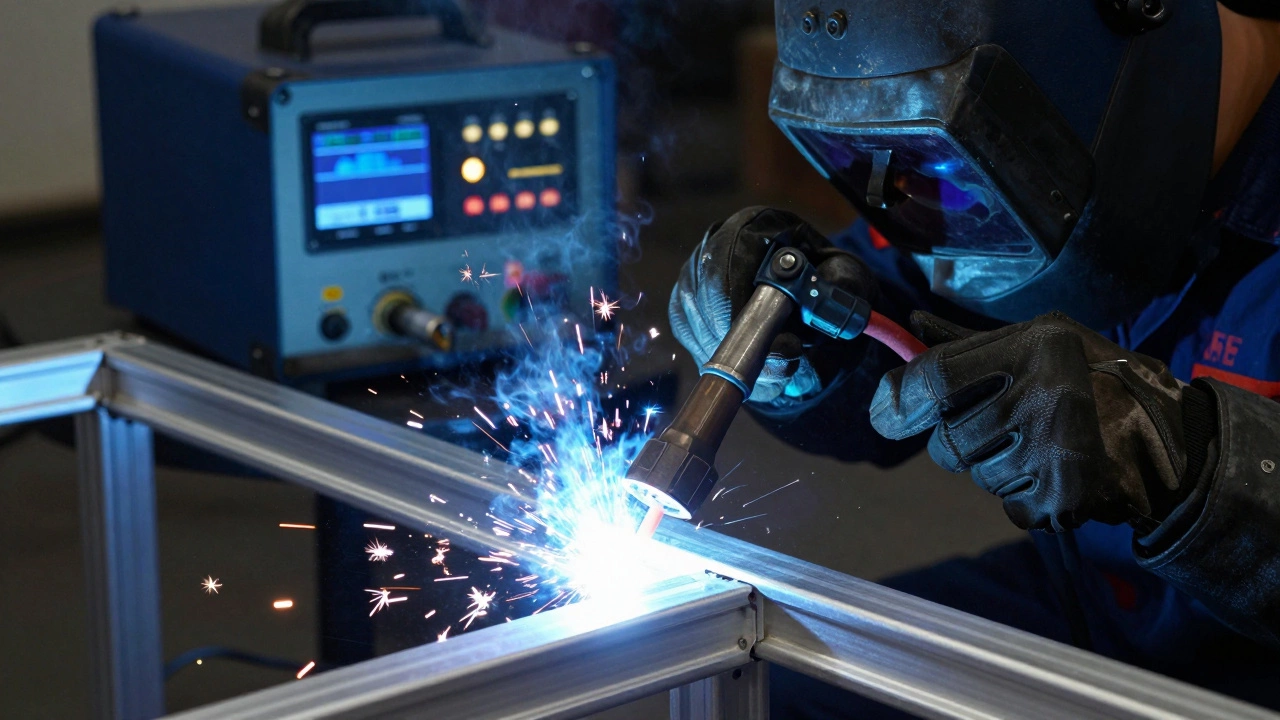 Сварщик выполняет аргонодуговую сварку алюминиевой конструкции с видимым потоком газа.