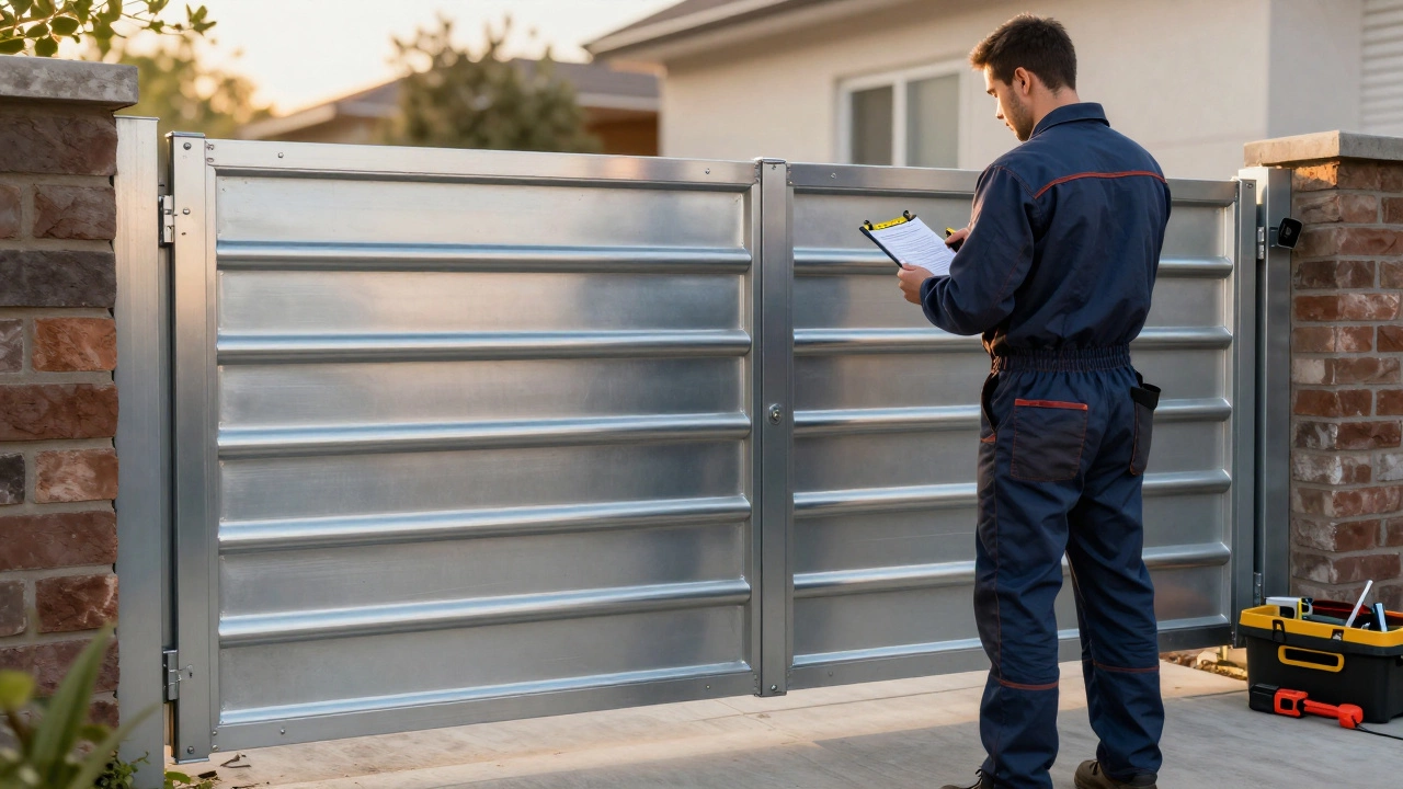 Завершенная металлическая калитка с идеально зачищенными швами на фоне двора.