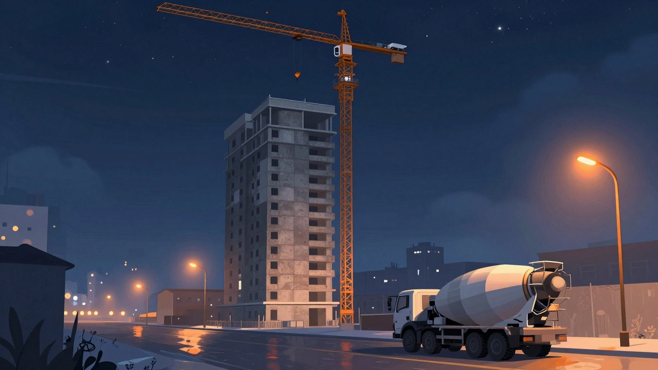 Башенный кран поднимает панели к вершине высотного здания под звёздным небом.