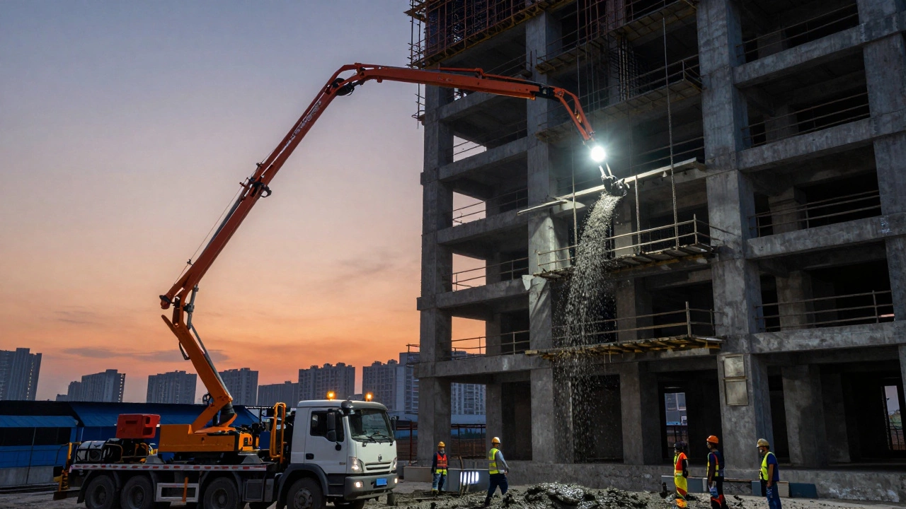 Бетононасос подает бетон на пятый этаж строящегося здания, рабочие наблюдают снизу.