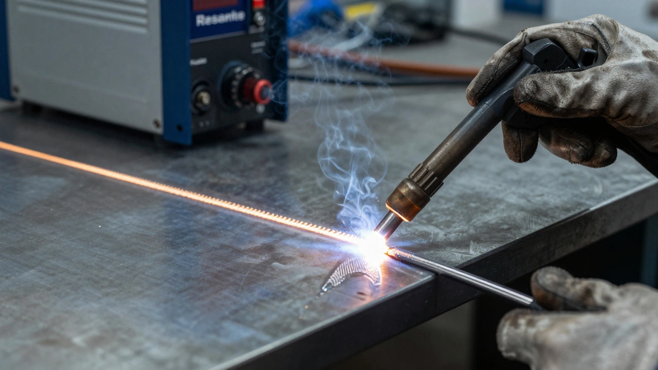 Близкий план ровного сварного шва на стальных пластинах, видны капли расплавленного металла и искры.