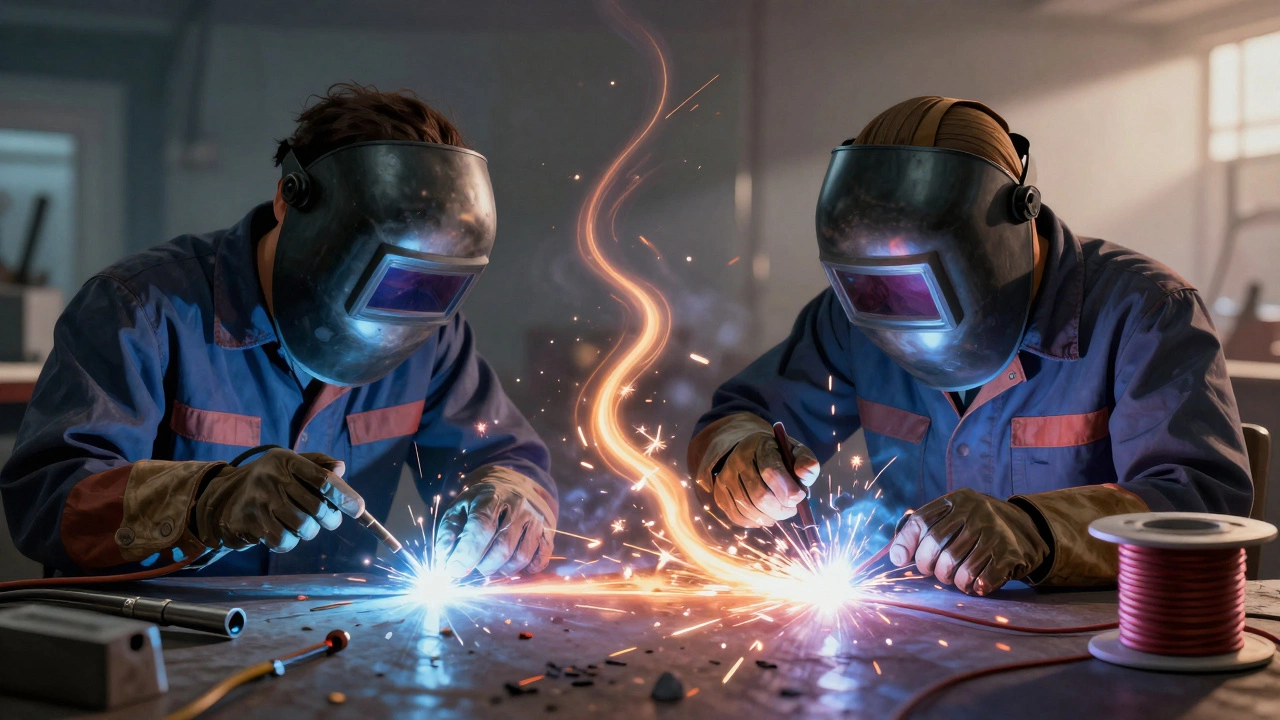 Диаграмма пути новичка: слева — трудности с электродом, справа — уверенная сварка MIG, соединённые световой дорожкой.